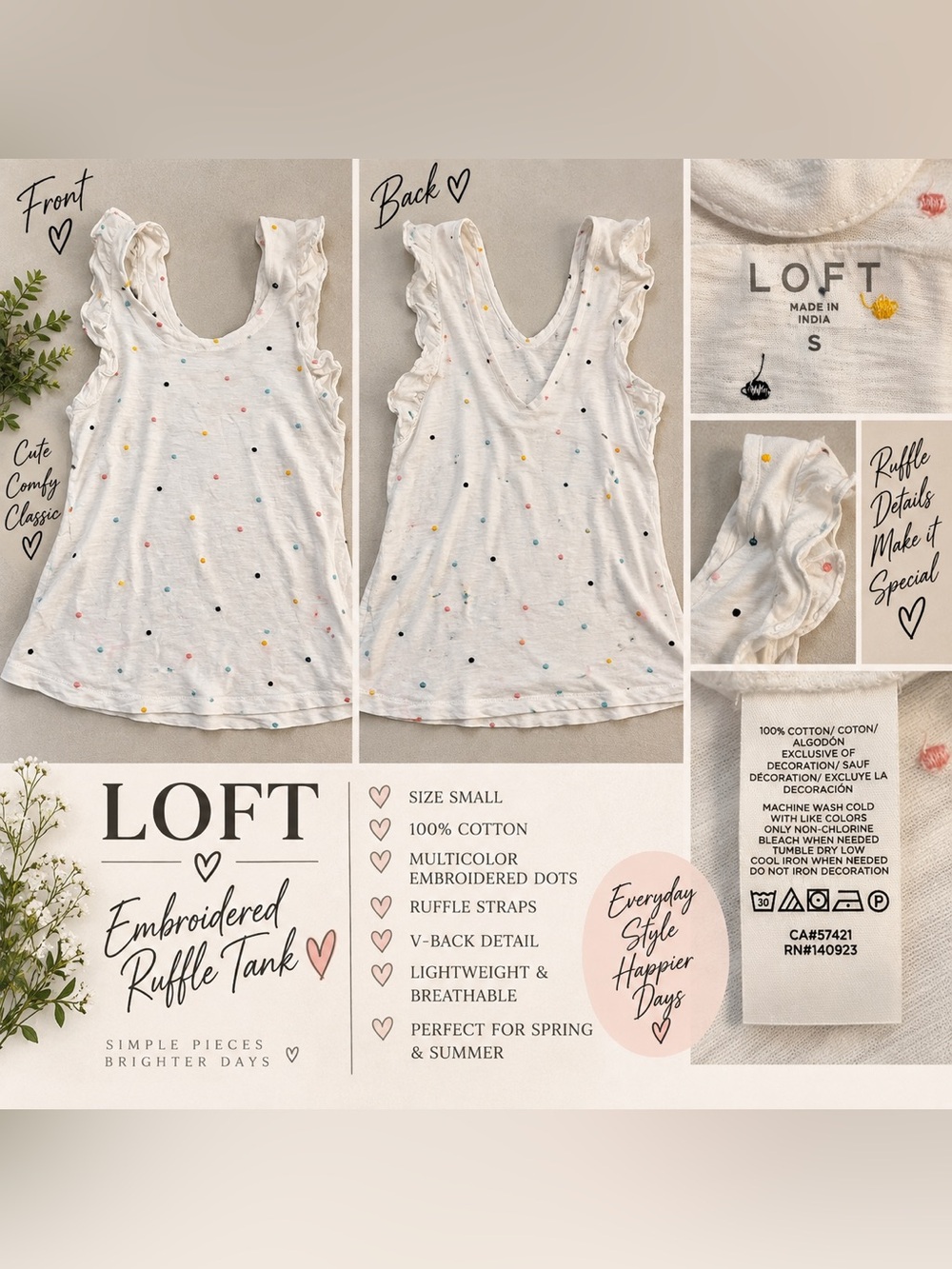 LOFT White Multicolor Embroidered Ruffle Tank